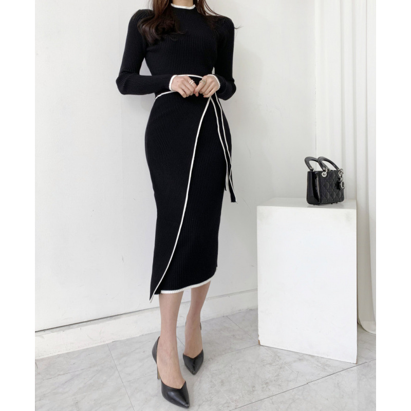 Korean chic autumn and winter retro niche semi high neck slim fit temperament color blocked medium long strap knit dress for women Korean chic autumn and winter retro niche semi high neck slim fit temperament color blocked medium long strap knit dress for women