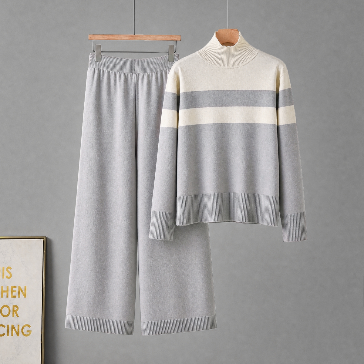 Korean casual fashion knitted suit women's autumn and winter loose long sleeved contrasting color top high waist slimming wide leg long pants Korean casual fashion knitted suit women's autumn and winter loose long sleeved contrasting color top high waist slimming wide leg long pants