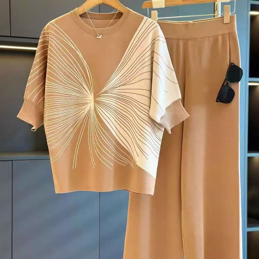 2026 Summer Fashion Casual Set Mom's Ice Silk Knitted Set Stylish Age Reducing Wide Leg Pants Two Piece Set 2026 Summer Fashion Casual Set Mom's Ice Silk Knitted Set Stylish Age Reducing Wide Leg Pants Two Piece Set