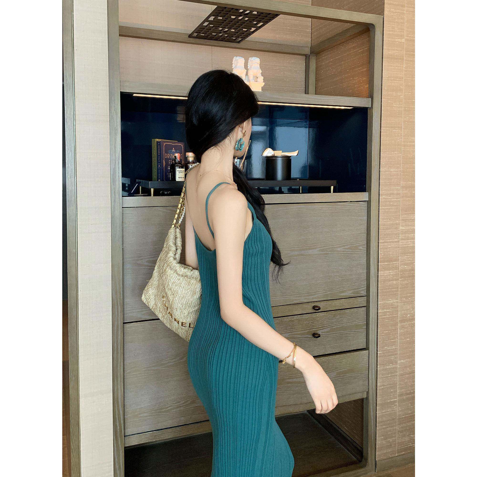 Korean off shoulder, backless camisole vest, V-neck ice silk dress, scheming, spicy girl, nightclub, pure desire, slit OL long dress Korean off shoulder, backless camisole vest, V-neck ice silk dress, scheming, spicy girl, nightclub, pure desire, slit OL long dress