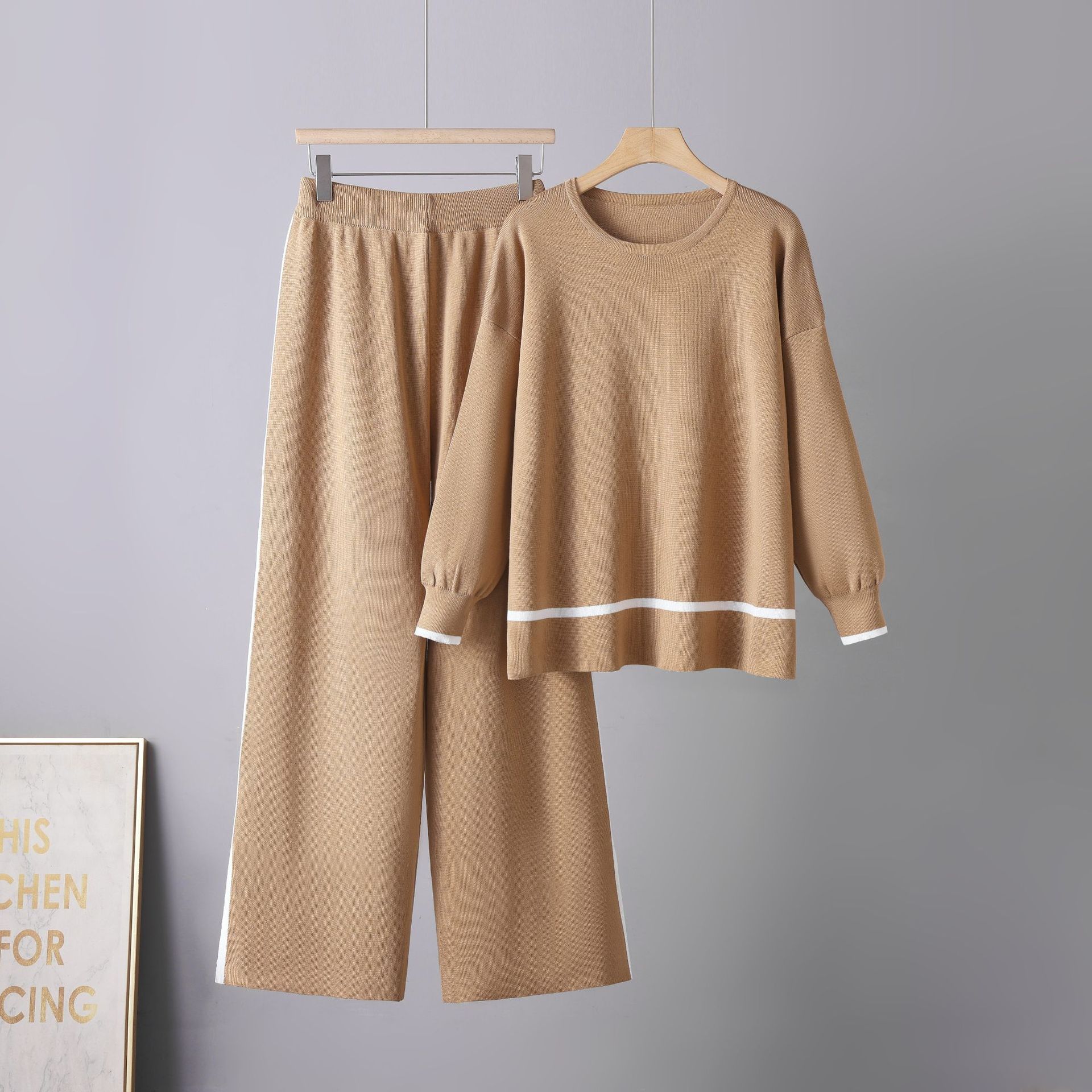 Cross border Amazon Hot Knitted Set for Women in Spring and Autumn, Long Sleeve Split Wide Leg Pants, Sweater Two Piece Set Cross border Amazon Hot Knitted Set for Women in Spring and Autumn, Long Sleeve Split Wide Leg Pants, Sweater Two Piece Set