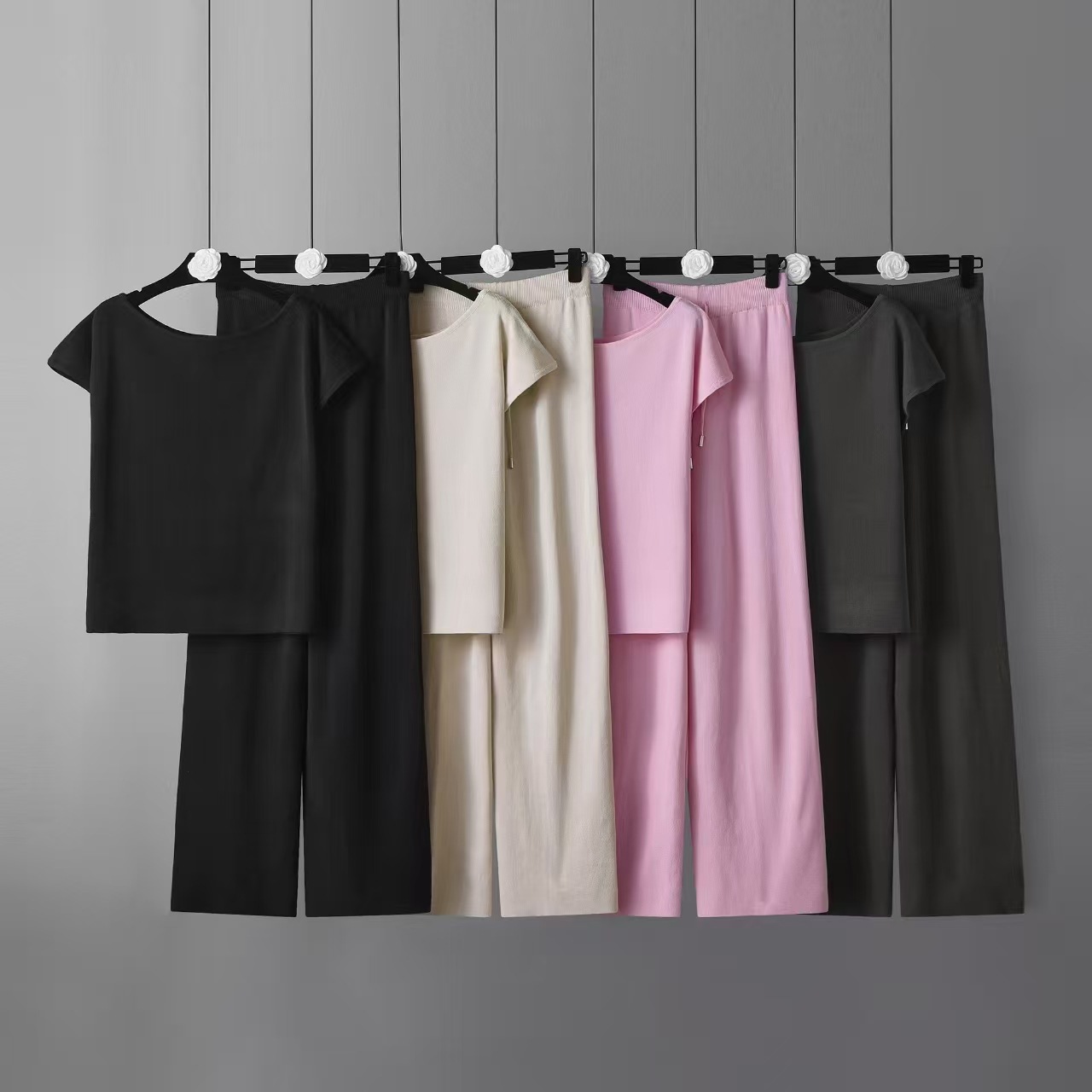 Cross border 2026 solid color women's new slimming knitted top casual loose wide leg pants two-piece set