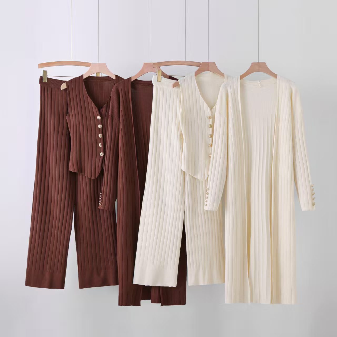 Cross border temperament knitted suit sleeveless vest wide leg pants cardigan three piece set lazy and simple 2025 new item
