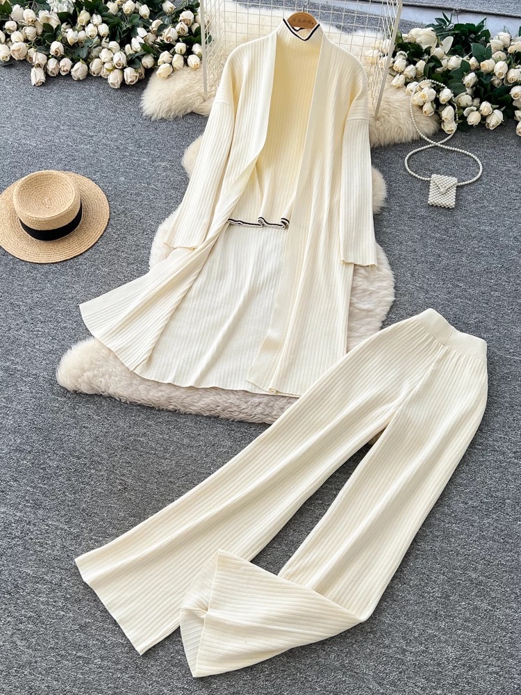 High end loose outer layer, mid to long knit cardigan base, high neck long sleeved sweater, high waist wide leg pants three piece set High end loose outer layer, mid to long knit cardigan base, high neck long sleeved sweater, high waist wide leg pants three piece set