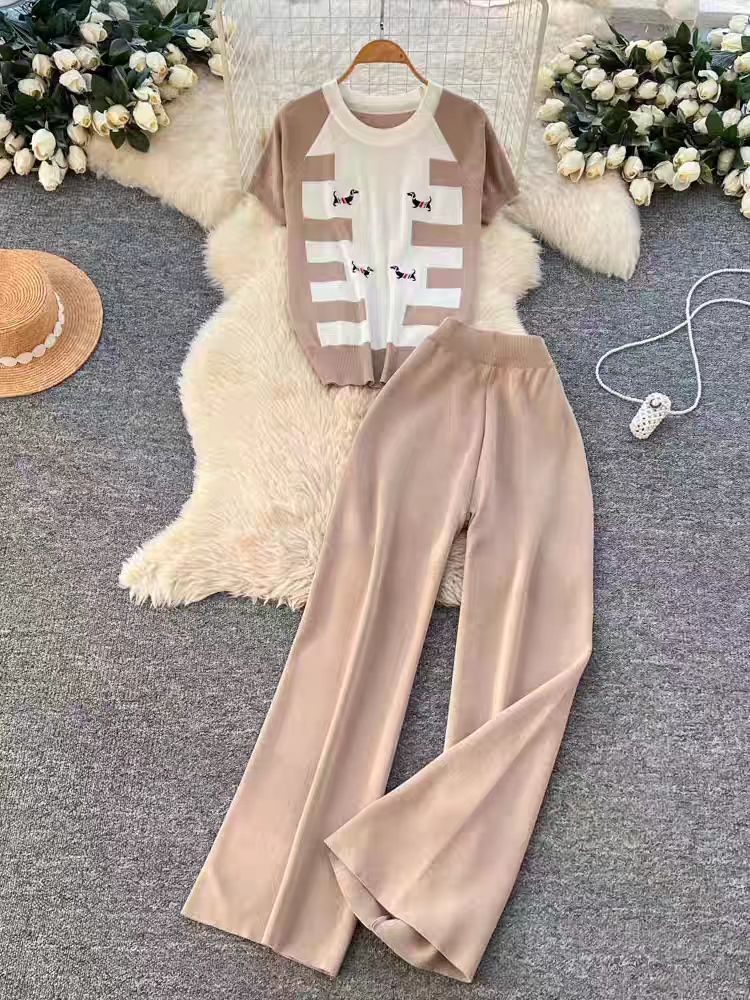 Korean commuting style embroidered puppy knitted versatile two-piece set for women's summer high waist wide leg pants slimming fashion set Korean commuting style embroidered puppy knitted versatile two-piece set for women's summer high waist wide leg pants slimming fashion set