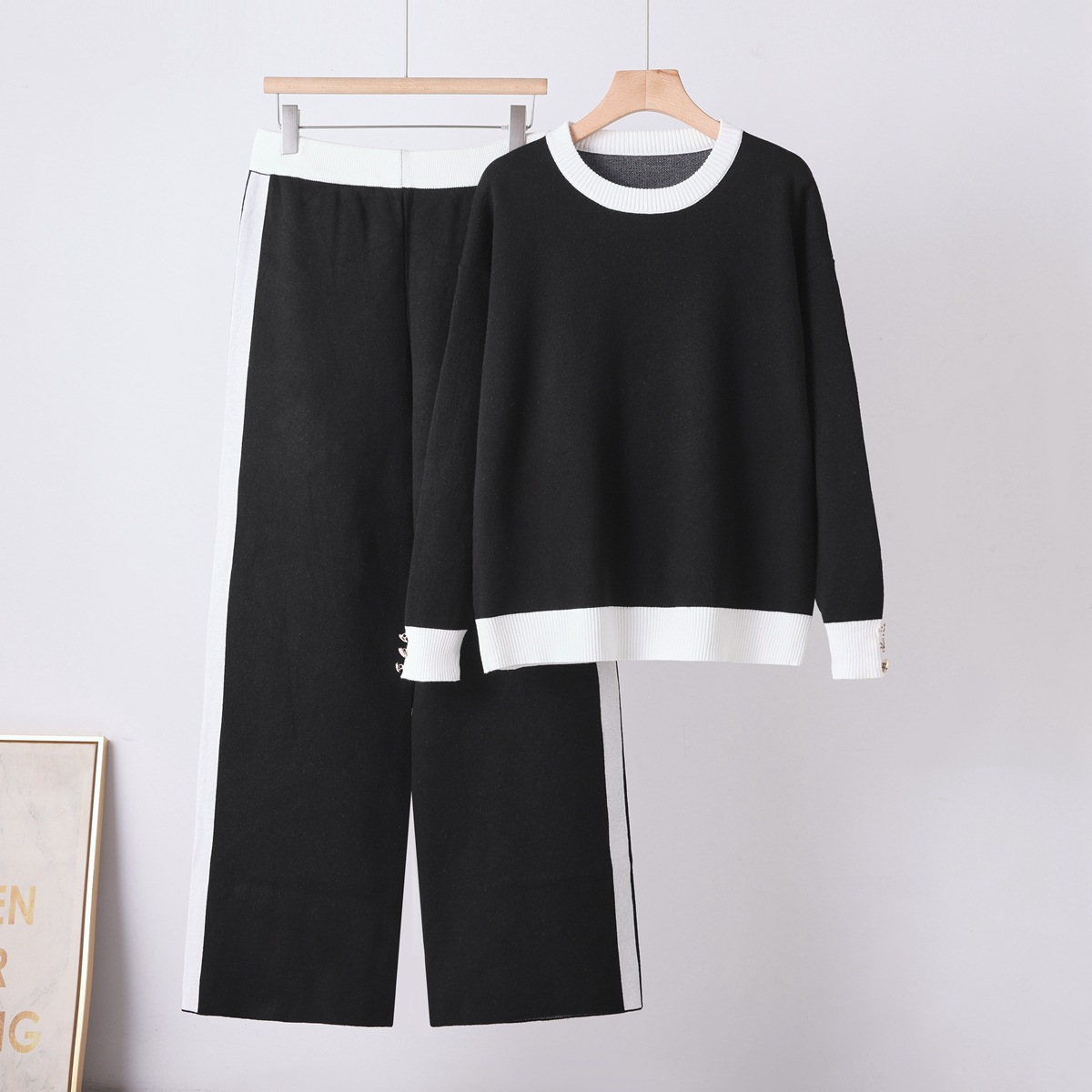 Cross border foreign trade solid color temperament knitted two-piece round neck pocket sweater+loose casual wide leg pants set for women Cross border foreign trade solid color temperament knitted two-piece round neck pocket sweater+loose casual wide leg pants set for women