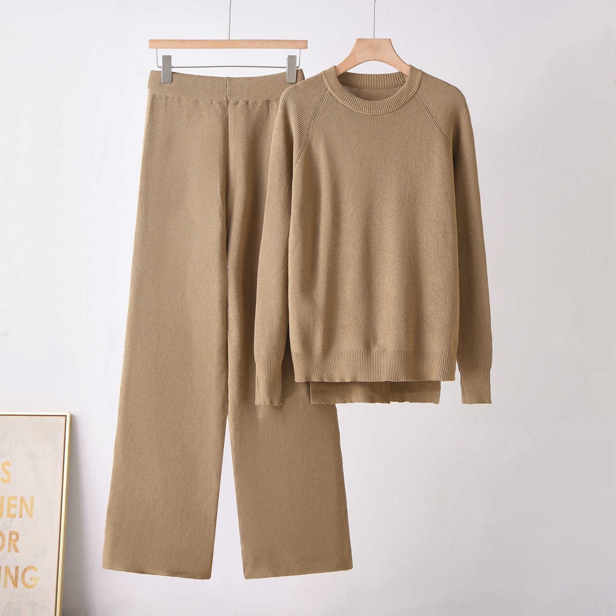 Cross border winter new thick sweater set for women, loose knit long sleeved round neck fashionable wide leg pants two-piece set for women