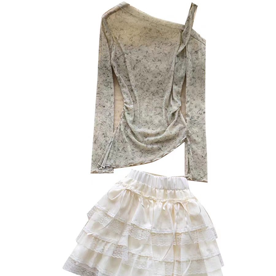 Gentle Korean style one shoulder long sleeved top with ruffled cake skirt for women in autumn, sloping shoulders to show off slimming temperament, two-piece set Gentle Korean style one shoulder long sleeved top with ruffled cake skirt for women in autumn, sloping shoulders to show off slimming temperament, two-piece set