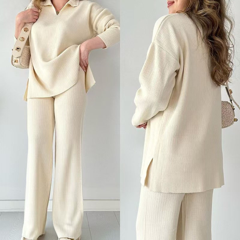 Autumn and Winter New Collection Amazon Cross border Fashion Solid Color Wide Panasonic Swing Fork Knitted Shirt Two Piece Set for Women