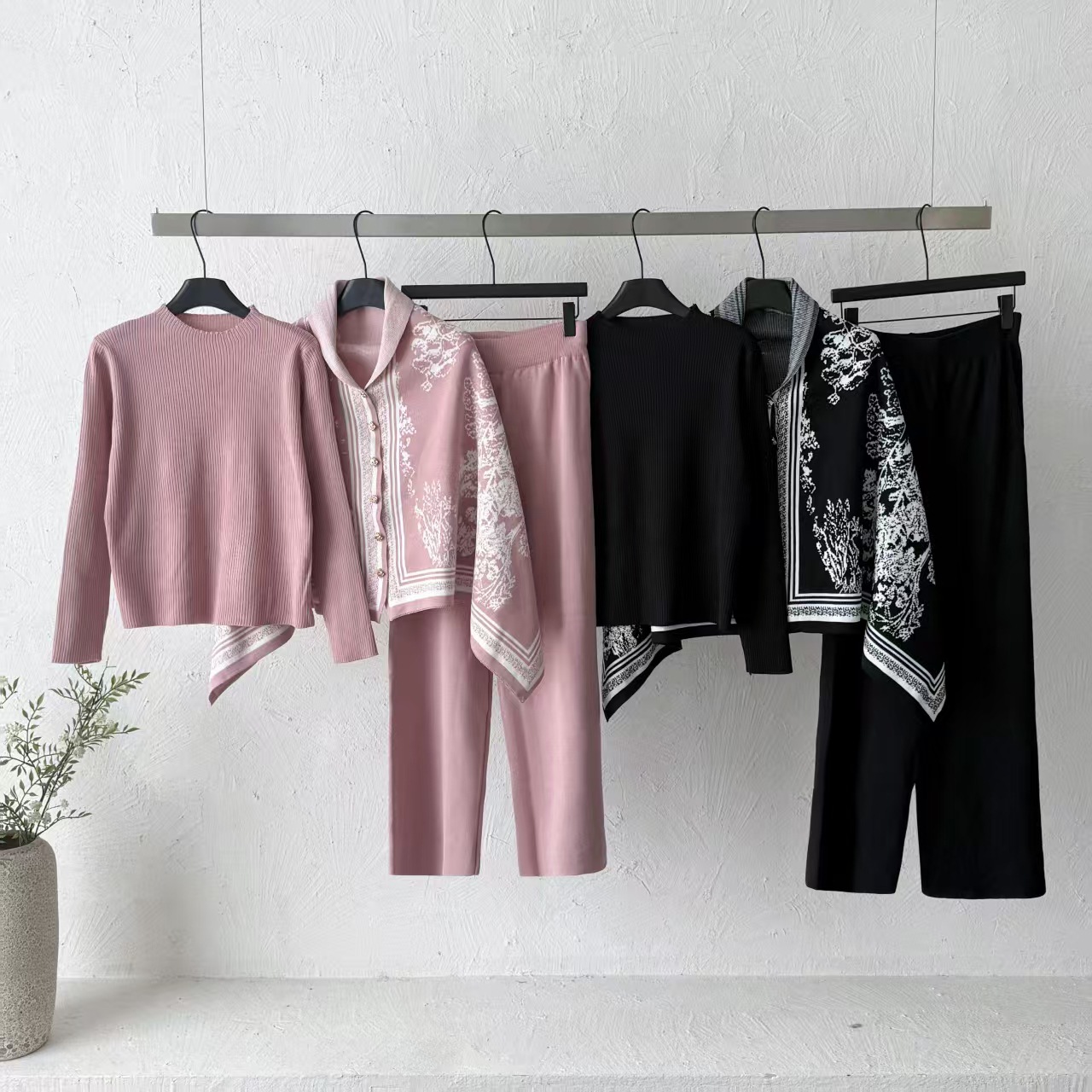 Cross border French retro printed shawl knitted set for women's spring and autumn, high waisted straight leg wide leg pants, temperament three piece set Cross border French retro printed shawl knitted set for women's spring and autumn, high waisted straight leg wide leg pants, temperament three piece set