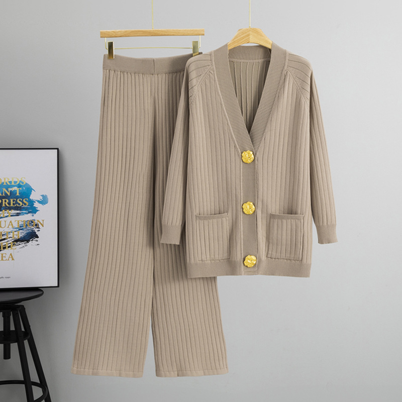 Cross border Spring and Autumn New Fashion Set Women's Solid Color V-neck Metal Buckle Knitted Cardigan Wide Leg Pants Loose Two Piece Set