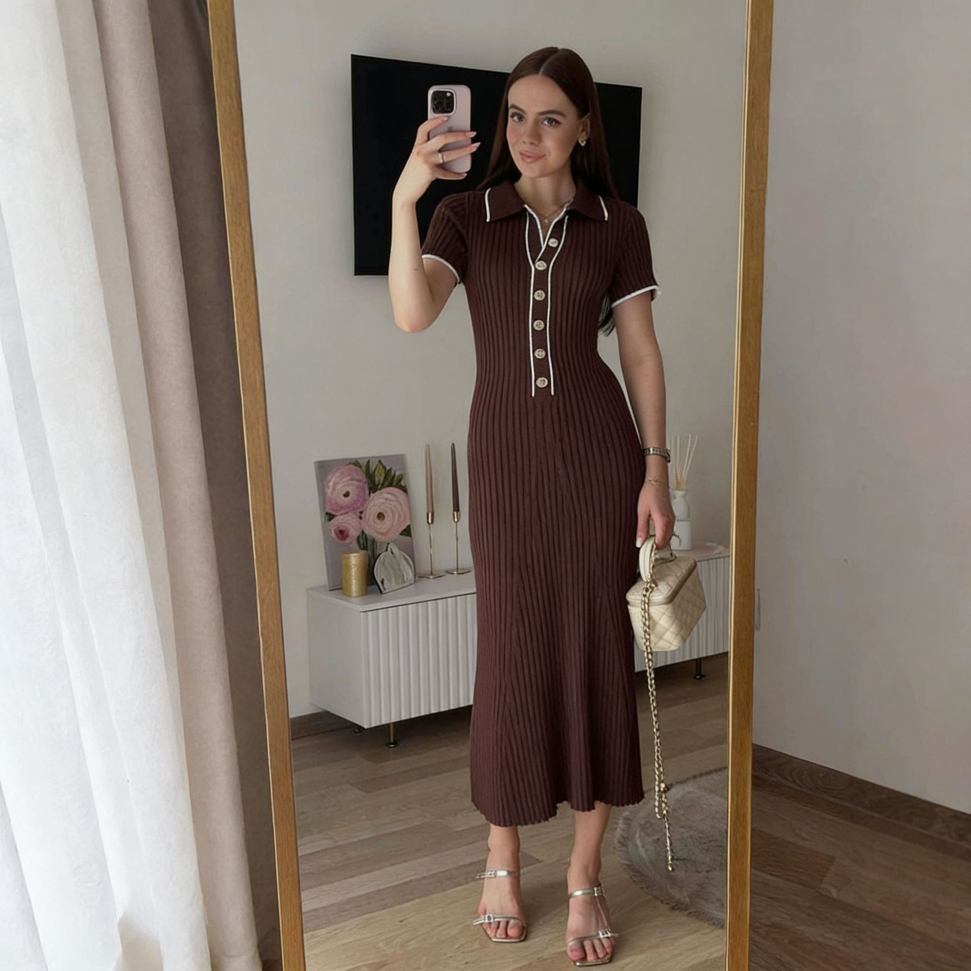 European and American cross-border 2026 collar slim fit and slimming temperament splicing contrasting color hip hugging short sleeved long single breasted dress