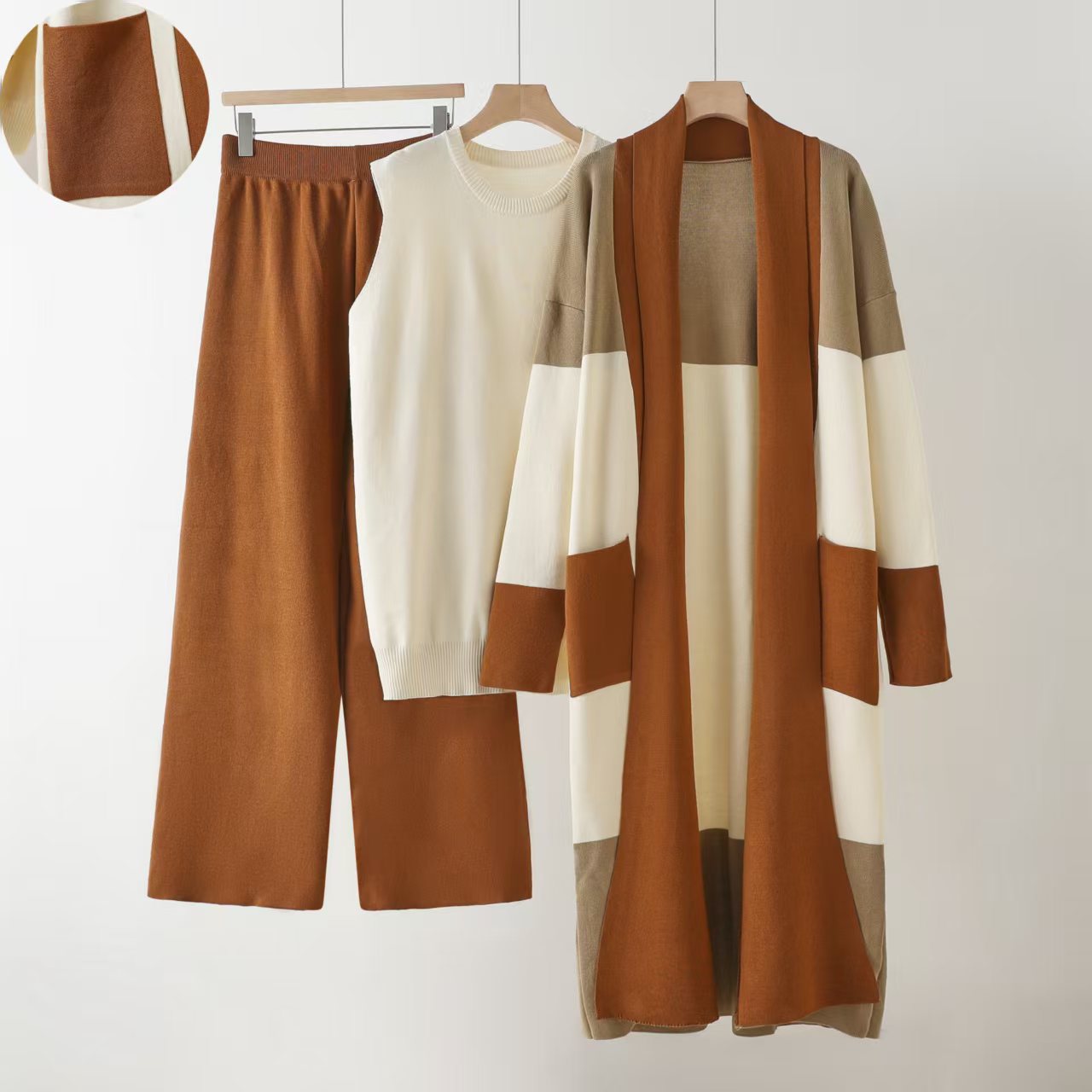 Cross border European and American fashion 2025 loose cardigan jacket knitted three piece set vest wide leg pants casual lazy suit Cross border European and American fashion 2025 loose cardigan jacket knitted three piece set vest wide leg pants casual lazy suit