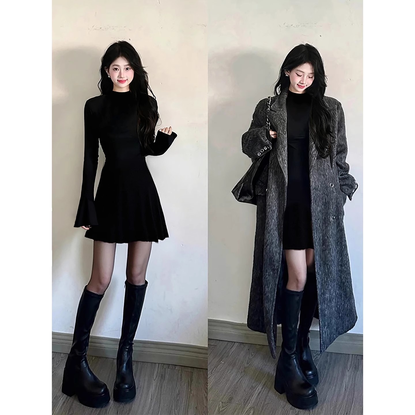 Korean black knitted dress for women in autumn and winter, short style with bottom layer, Berkeley skirt, thick black, suitable for winter wear Korean black knitted dress for women in autumn and winter, short style with bottom layer, Berkeley skirt, thick black, suitable for winter wear