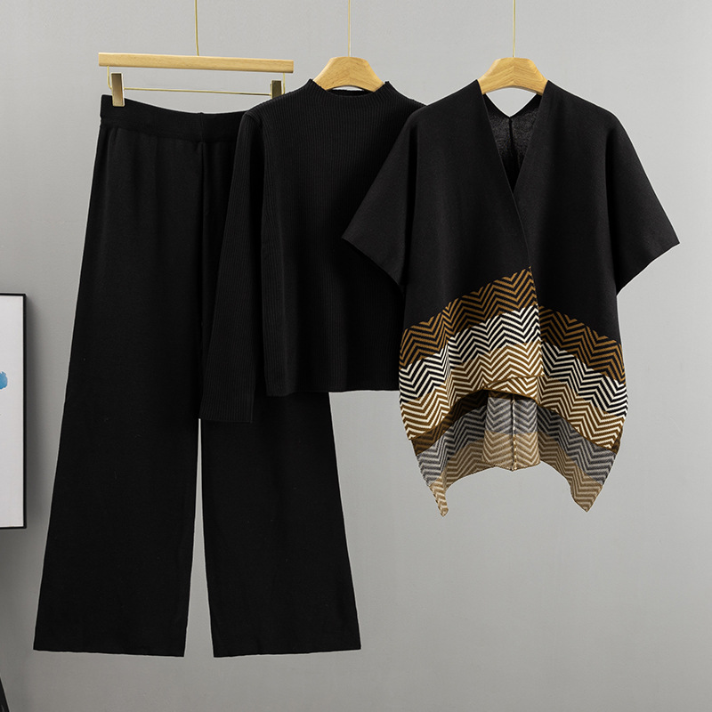 Stripe gradient versatile fashion shawl simple knitted top wide leg pants fashion set autumn and winter new style western-style women Stripe gradient versatile fashion shawl simple knitted top wide leg pants fashion set autumn and winter new style western-style women