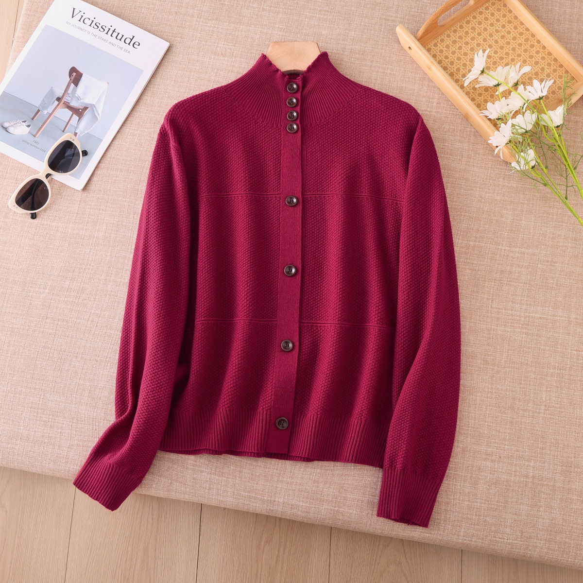 Half high neck gray long sleeved sweater knitted button cardigan jacket for women 2026 winter new atmospheric top Half high neck gray long sleeved sweater knitted button cardigan jacket for women 2026 winter new atmospheric top