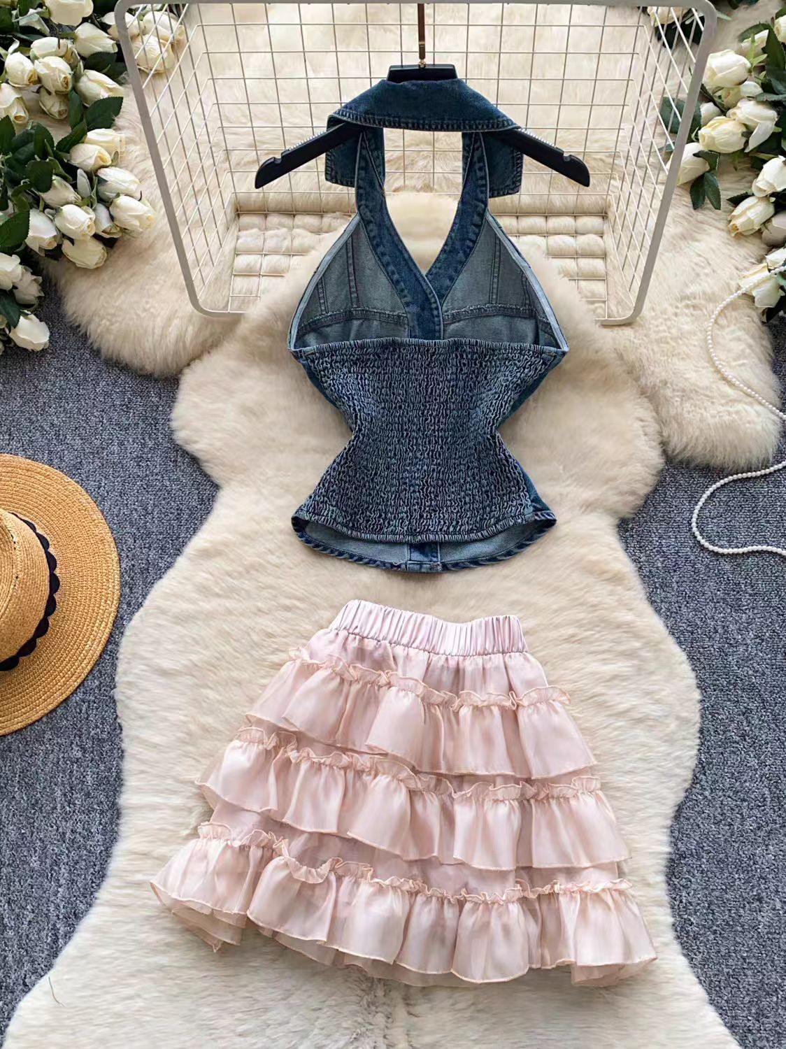 Spicy girl style denim vest cake skirt two-piece set, women's summer commuting style slimming fashion set, women's outfit matching