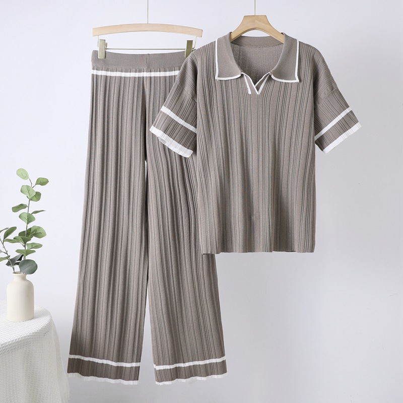 2025 New Korean Summer Dress Polo Collar Short Sleeve Fashion Loose Top Look Thin High Waist Wide Leg Pants Set Cross 2025 New Korean Summer Dress Polo Collar Short Sleeve Fashion Loose Top Look Thin High Waist Wide Leg Pants Set Cross