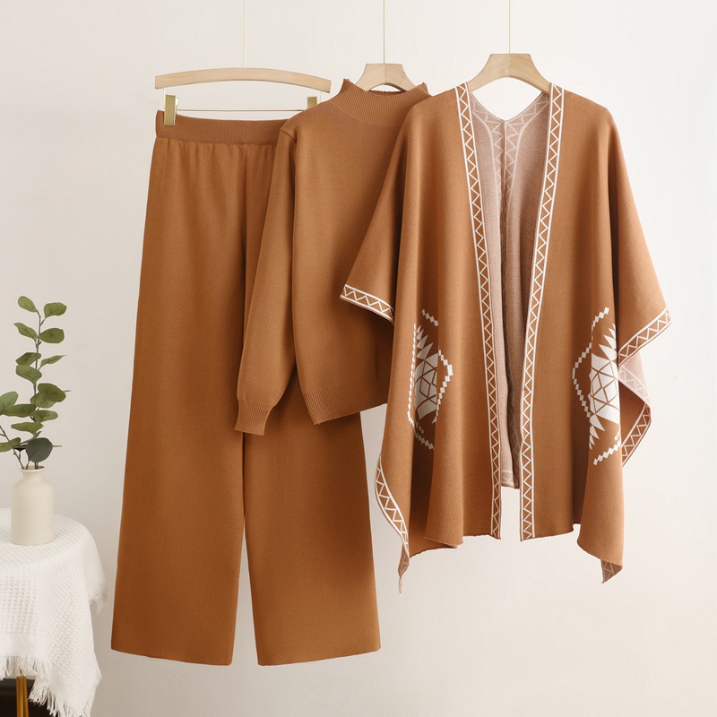 Cross border foreign trade loose and lazy mid neck pullover knitted sweater with shawl cloak jacket and wide leg pants three piece set Cross border foreign trade loose and lazy mid neck pullover knitted sweater with shawl cloak jacket and wide leg pants three piece set