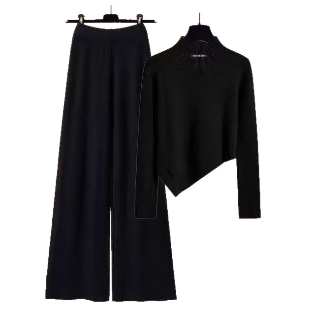 Cross border fashion set for early spring, new women's clothing, irregular sweaters, pants, tea lined tea air knitted two-piece set for women Cross border fashion set for early spring, new women's clothing, irregular sweaters, pants, tea lined tea air knitted two-piece set for women
