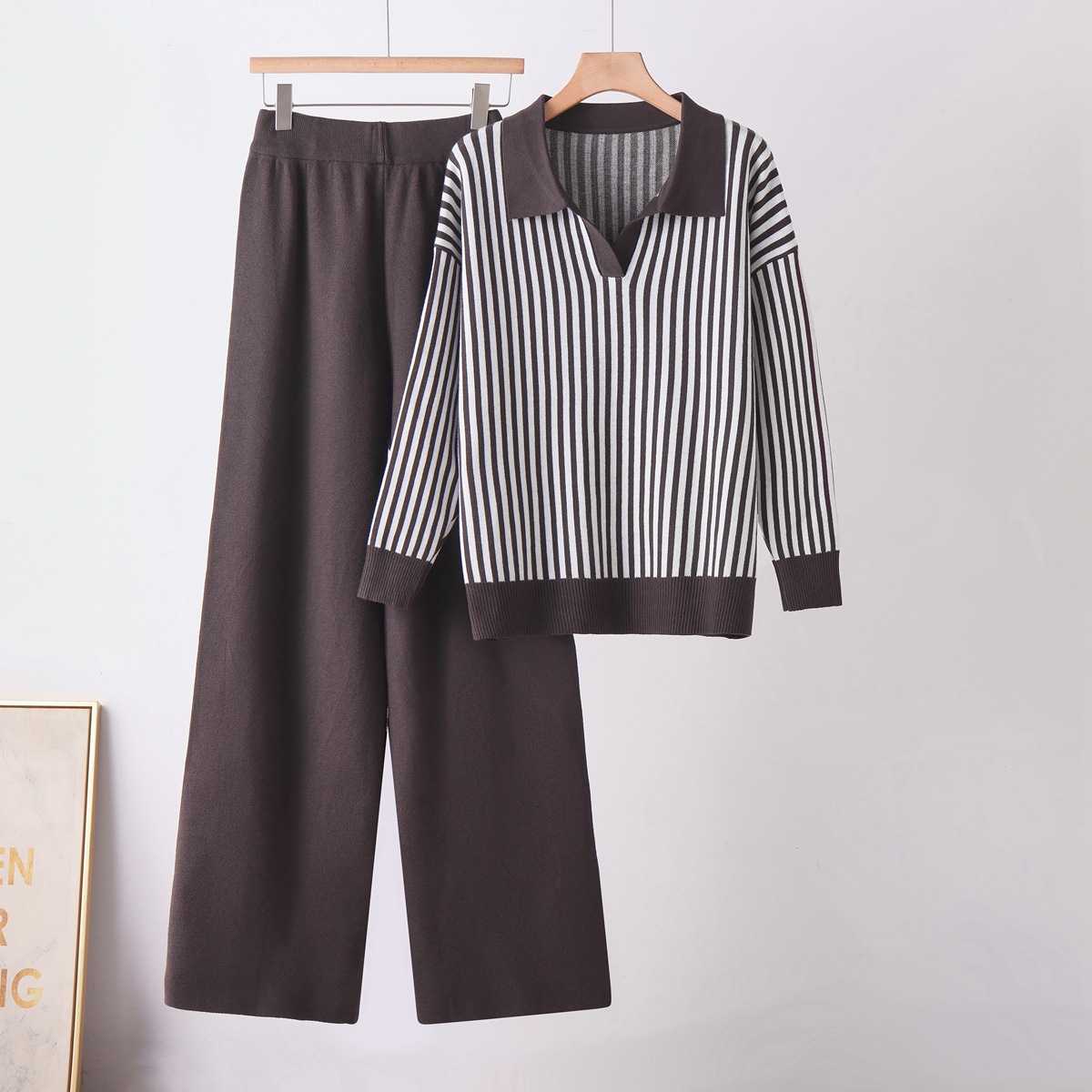 Cross border new autumn and winter collar knitted suit for women, spring and autumn slimming wide leg pants, fashionable knitted two-piece set for women