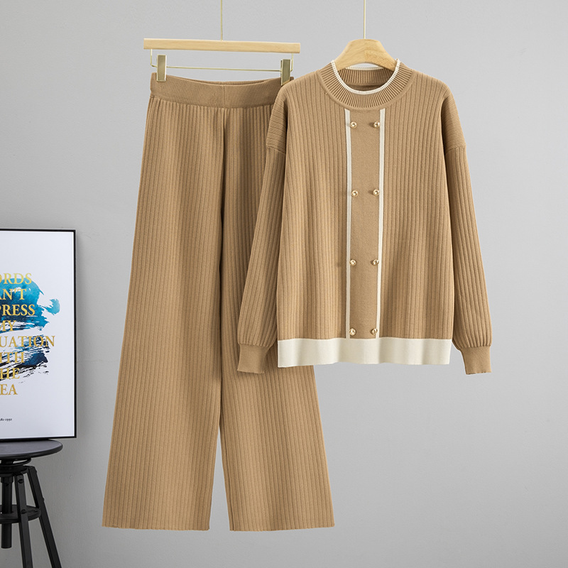 Cross border European and American lazy casual suit autumn and winter new round neck loose knit top wide leg pants two-piece set for women