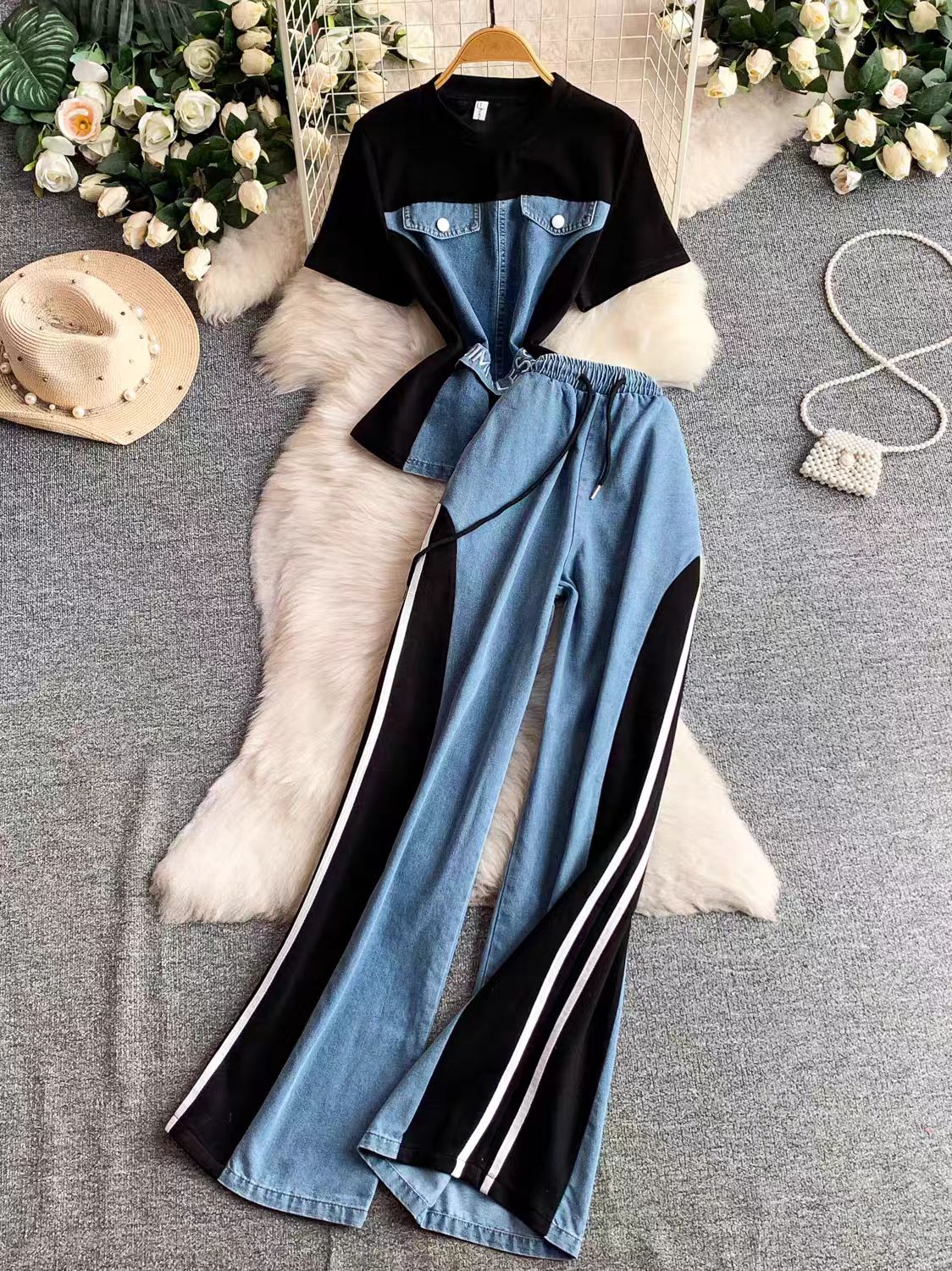 Hong Kong style retro patchwork short sleeved denim suit for women's summer daily casual straight leg pants two-piece set for slimming wear Hong Kong style retro patchwork short sleeved denim suit for women's summer daily casual straight leg pants two-piece set for slimming wear