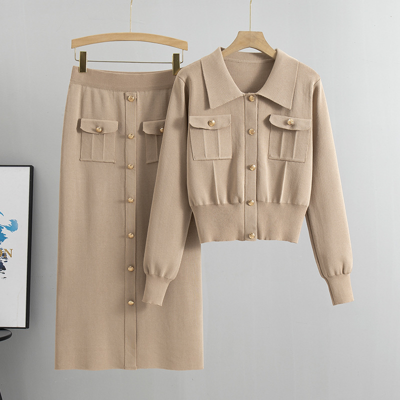 Cross border French collar small fragrant style set, spring and autumn sweater, women's cardigan top, knitted slim fit skirt two-piece set