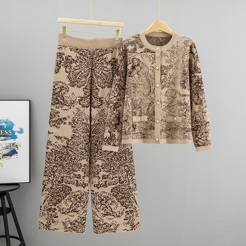 Cross border new socialite casual round neck spring and autumn new jacquard ink painting craft knitted long sleeved two-piece set for women