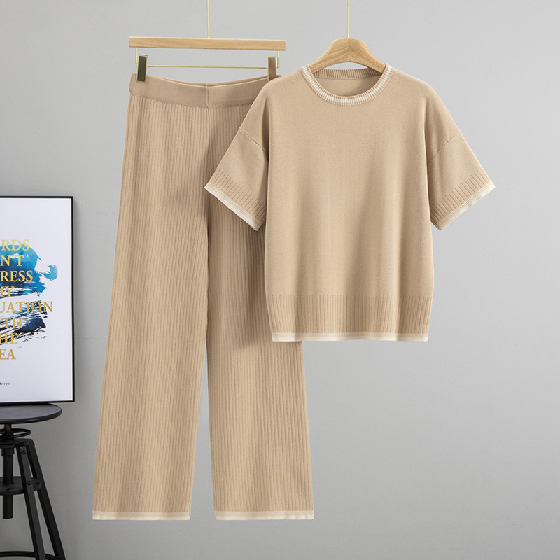 Summer new style simple and fashionable round neck short sleeved top with pit stripes for slimming effect, long pants with contrasting color edges, knitted two-piece set