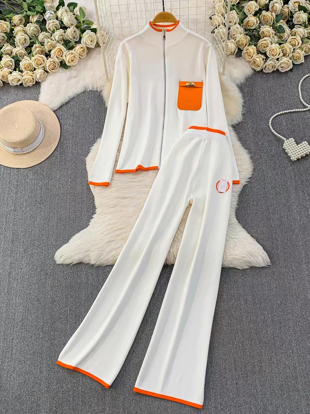 Fashion suit women's autumn and winter casual design pocket zipper stand up collar jacket contrasting color high waist slimming pants two-piece set