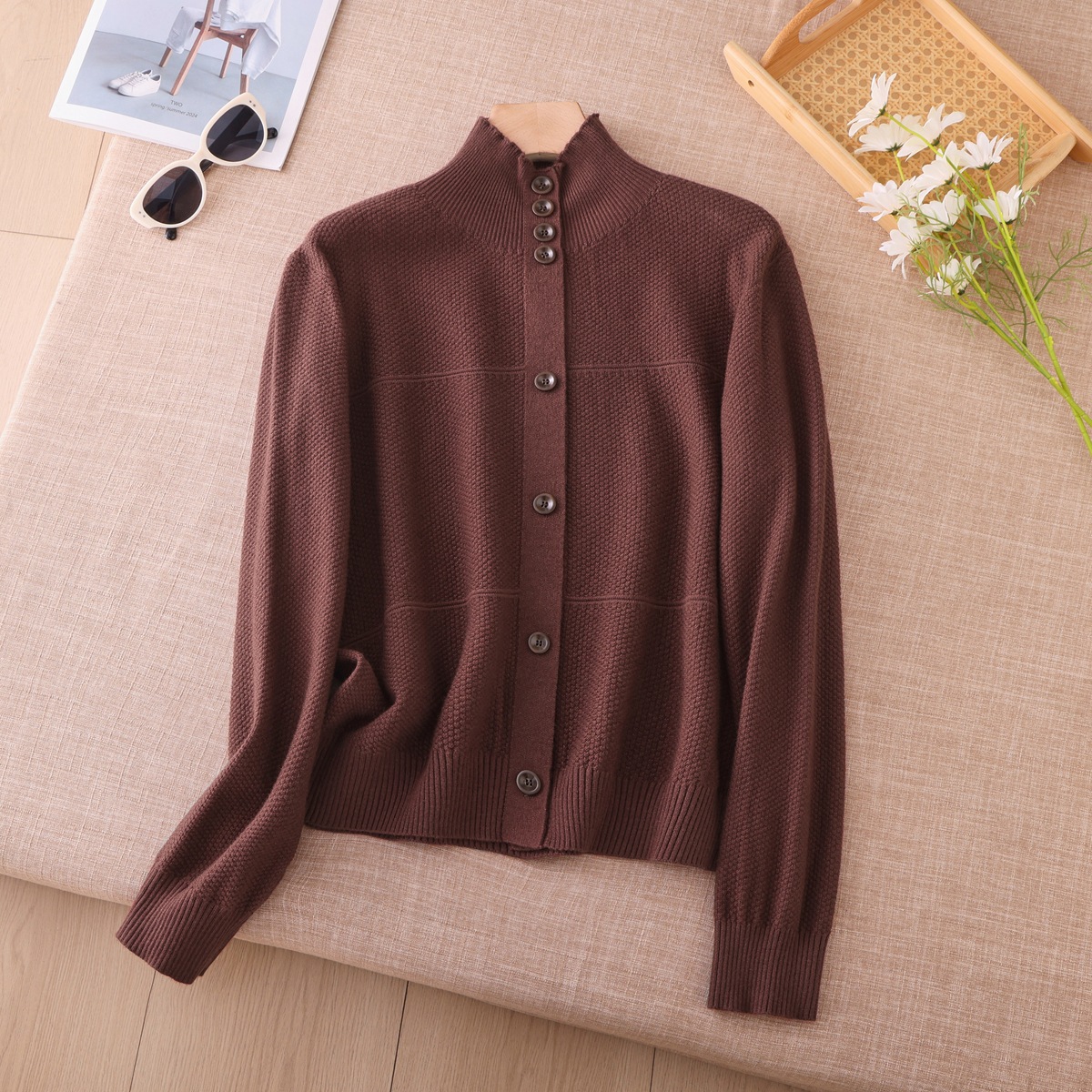 Half high neck gray long sleeved sweater knitted button cardigan jacket for women 2026 winter new atmospheric top Half high neck gray long sleeved sweater knitted button cardigan jacket for women 2026 winter new atmospheric top