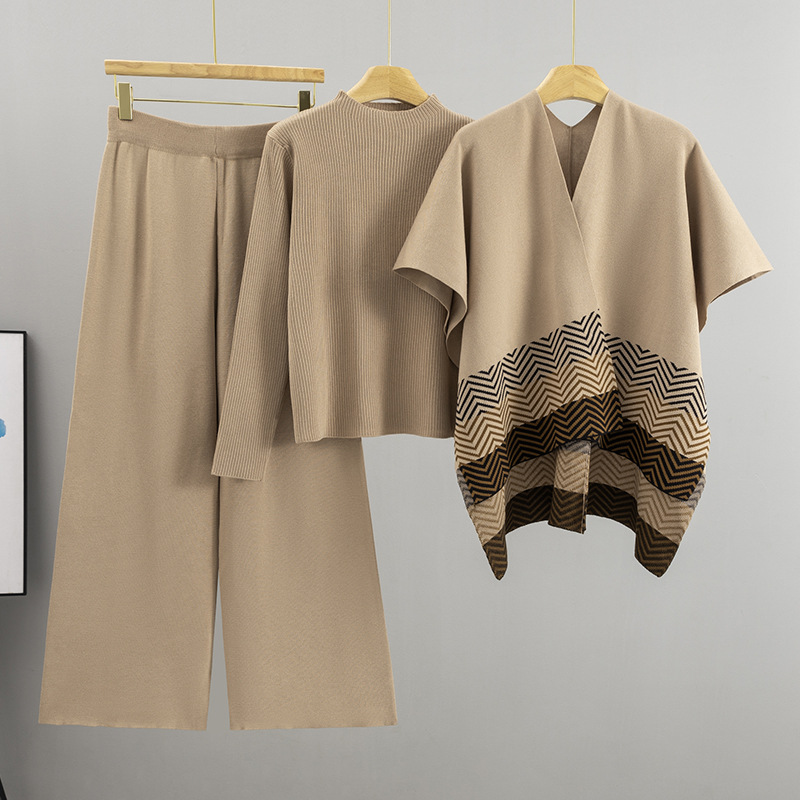 Stripe gradient versatile fashion shawl simple knitted top wide leg pants fashion set autumn and winter new style western-style women