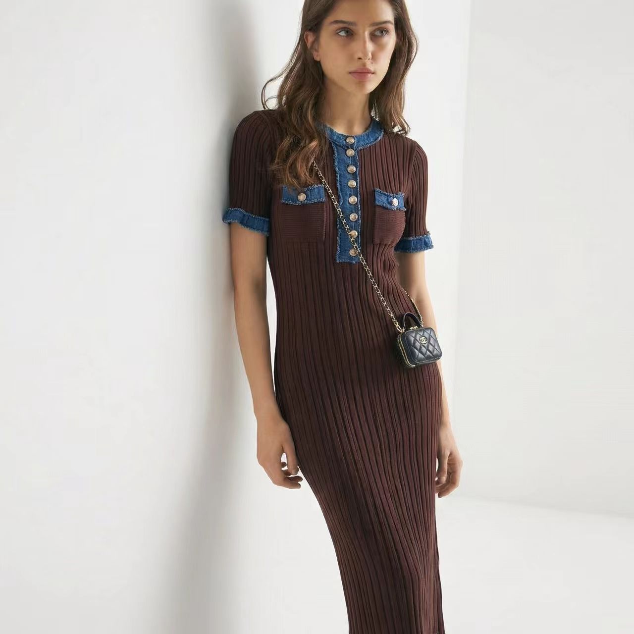 Cross border European and American women's clothing AliExpress popular denim splicing knitted long skirt tight short sleeved knitted dress for women