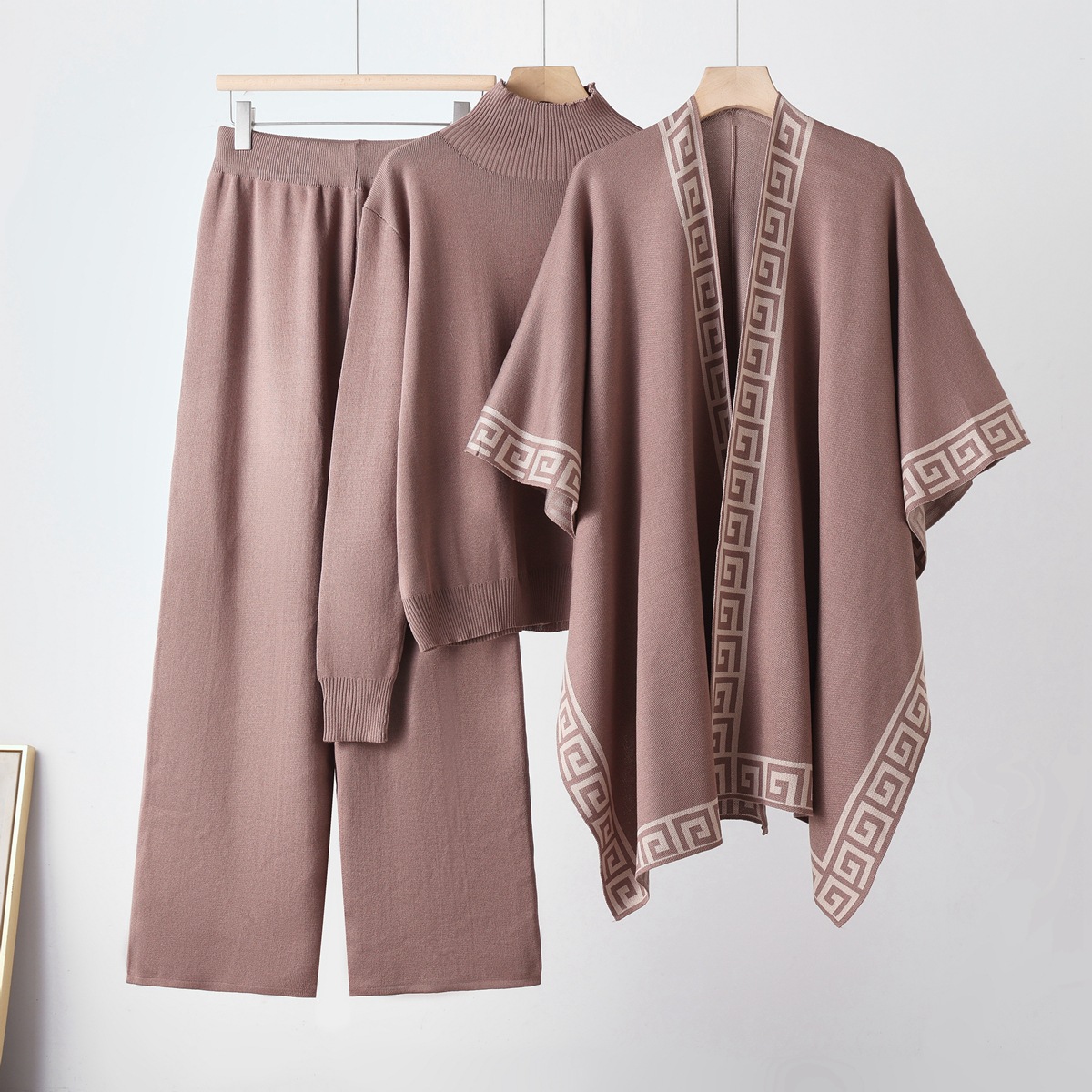 26 year cross-border loose and lazy mid neck pullover knitted sweater paired with a shawl cloak jacket and wide leg pants three piece set 26 year cross-border loose and lazy mid neck pullover knitted sweater paired with a shawl cloak jacket and wide leg pants three piece set