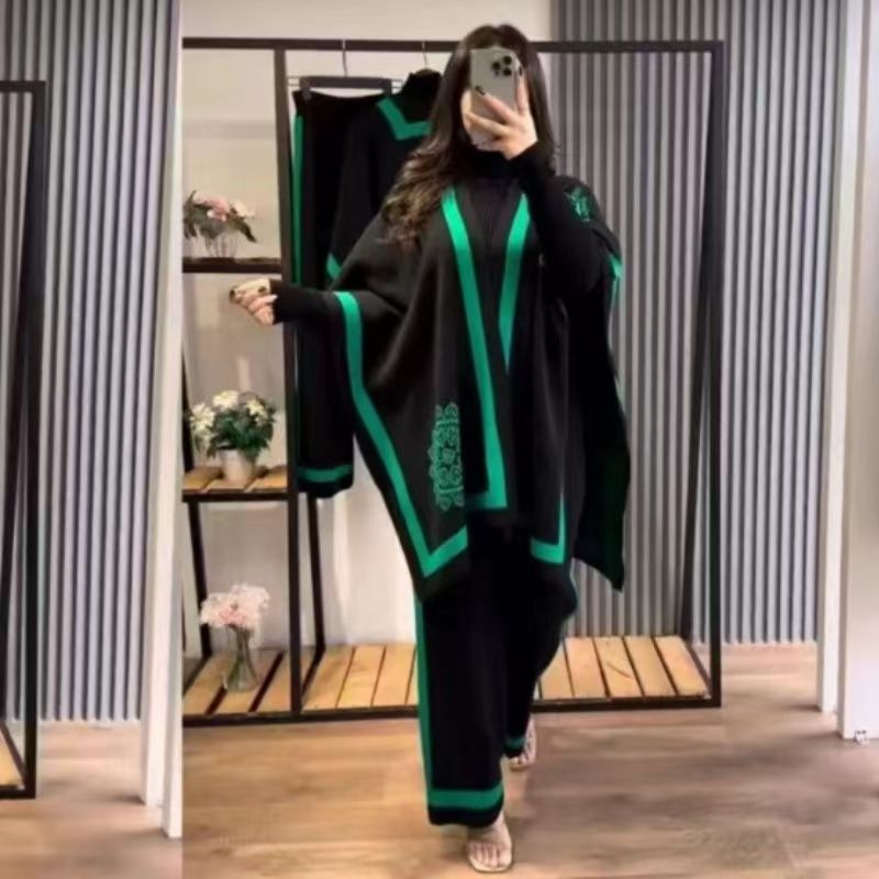 Cross border European and American color blocked shawl top, loose wide leg pants, knitted three piece set, simple casual style set, women's clothing