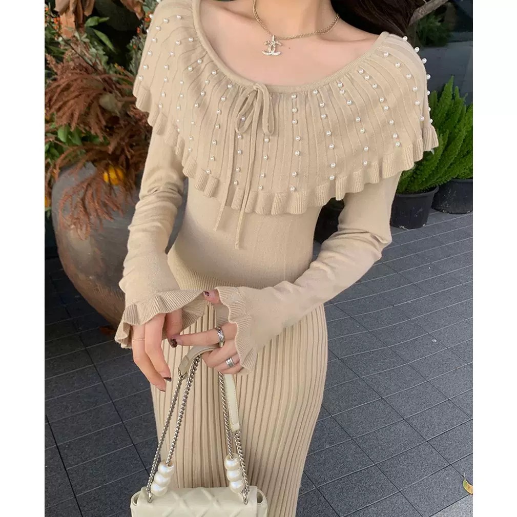 Korean elegant and graceful French knitted dress, women's 2025 new style, unique and beautiful temperament, waist cinching long skirt Korean elegant and graceful French knitted dress, women's 2025 new style, unique and beautiful temperament, waist cinching long skirt