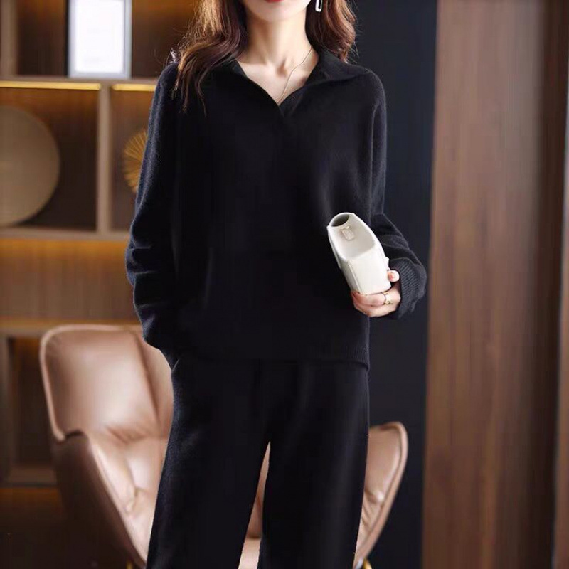 2026 Korean Fashion Loose Collar Knitted Set, Casual Simple Sweater, Wide Leg Pants, Loose Two Piece Set for Women 2026 Korean Fashion Loose Collar Knitted Set, Casual Simple Sweater, Wide Leg Pants, Loose Two Piece Set for Women