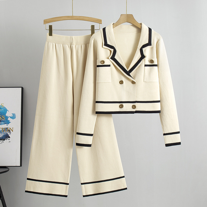 Cross border small fragrant style elegant temperament lapel knitted cardigan set women's spring and autumn short top wide leg pants two-piece set