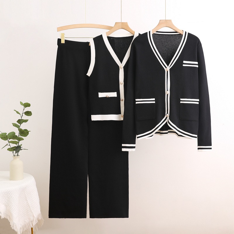 Korean style fashion suit, feminine style, long sleeved knitted sweater, autumn casual, age reducing cardigan, vest, straight leg pants, three piece set