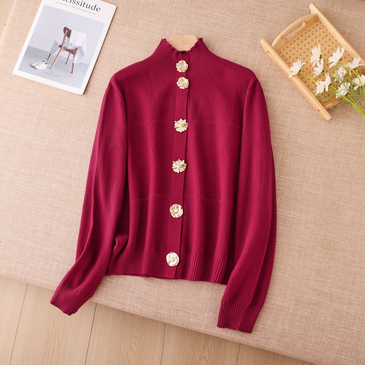 New fashion and lazy style knitted cardigan for autumn and winter, with a semi high neck design and irregular metal buttons