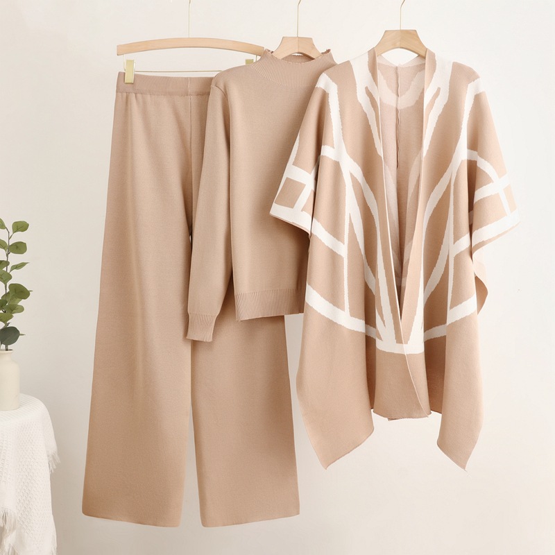 Casual suit women's autumn and winter new style temperament socialite lazy style knitted sweater shawl cape wide leg pants three piece set