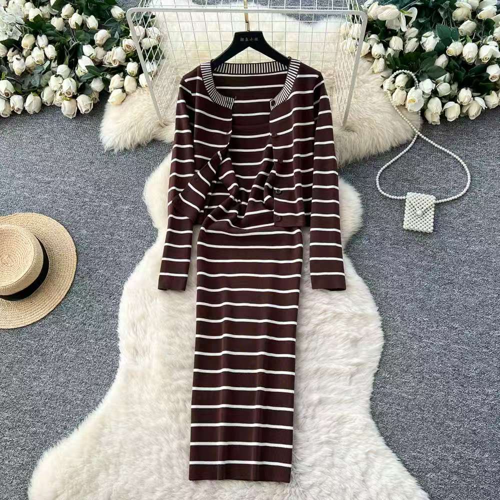 French commuting style striped button knit two-piece set for women's autumn slim fit design cardigan dress set French commuting style striped button knit two-piece set for women's autumn slim fit design cardigan dress set
