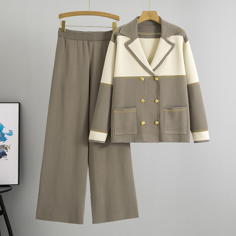 Temperament suit collar suit women's 2026 autumn and winter new item color blocked double breasted knitted top wide leg pants two-piece set
