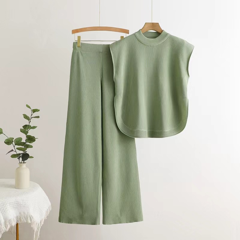 Cross border Knitted Shirt 2-piece Women's Summer Korean Edition Fashion Loose Round Neck Split Sleeveless Top+High Waist Wide Legs