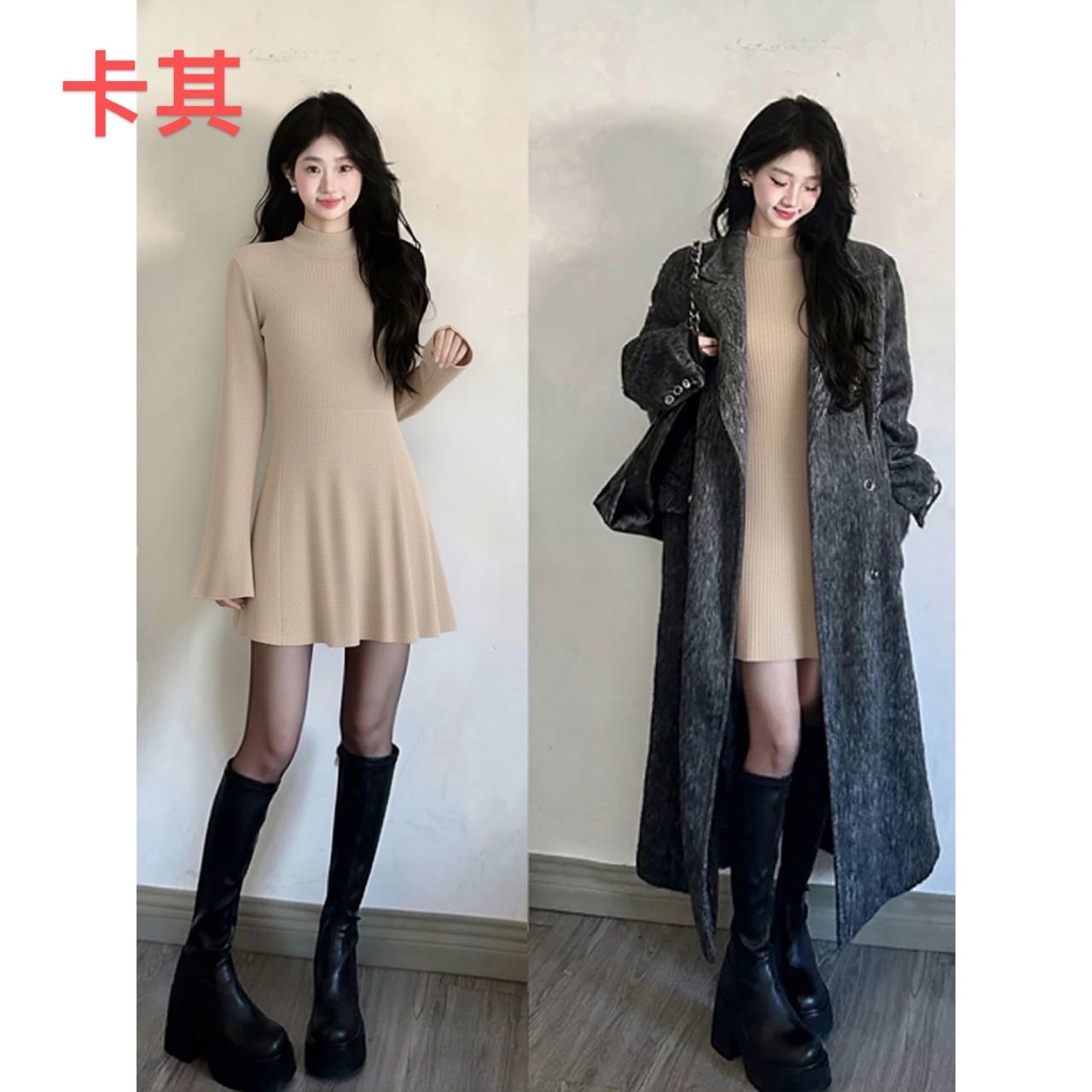 Korean black knitted dress for women in autumn and winter, short style with bottom layer, Berkeley skirt, thick black, suitable for winter wear