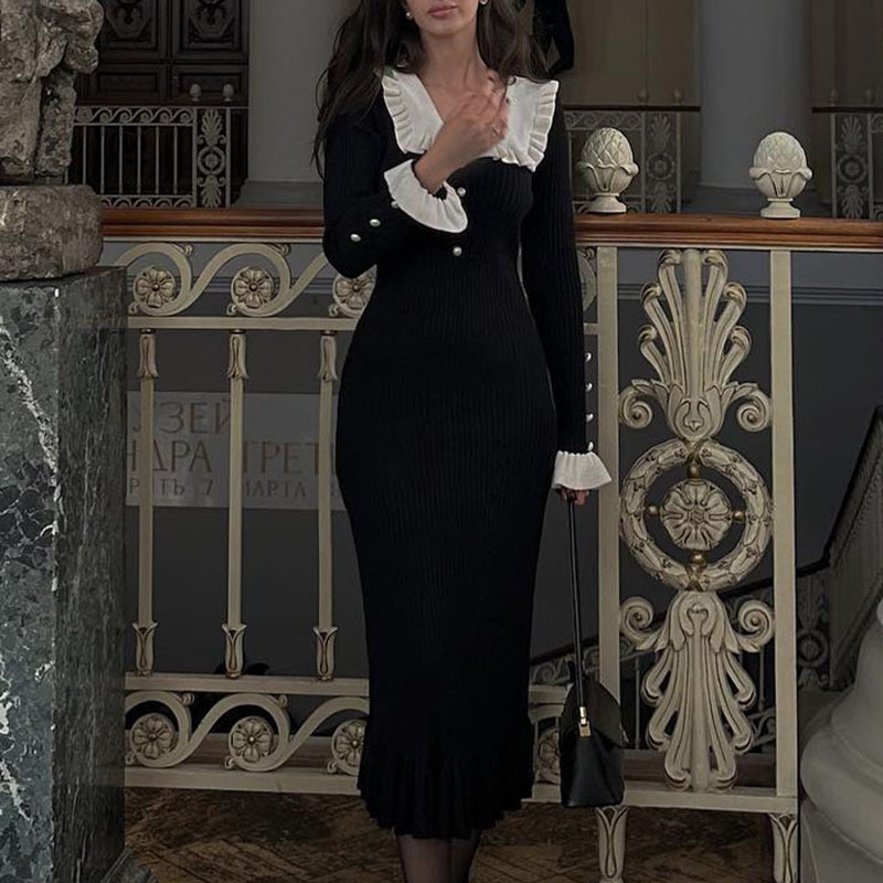 Lotus leaf edge dress knitted skirt autumn and winter new woolen dress 2023 retro lady European and American cross-border French skirt for women Lotus leaf edge dress knitted skirt autumn and winter new woolen dress 2023 retro lady European and American cross-border French skirt for women