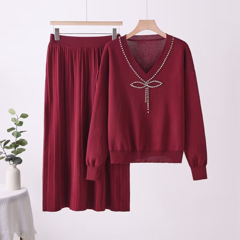 Fashionable two-piece women's autumn and winter light luxury goddess style temperament bow V-neck knitted sweatshirt set pleated long skirt Fashionable two-piece women's autumn and winter light luxury goddess style temperament bow V-neck knitted sweatshirt set pleated long skirt