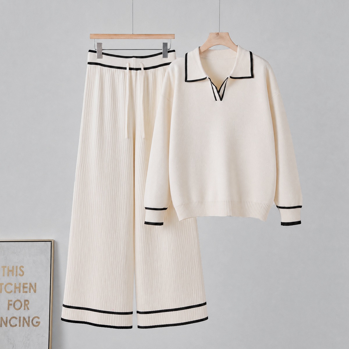 Cross border Amazon Europe Fashion Casual Set Long Sleeve Polo Collar Wide Leg Pants Knitted Two Piece Set for Women Cross border Amazon Europe Fashion Casual Set Long Sleeve Polo Collar Wide Leg Pants Knitted Two Piece Set for Women