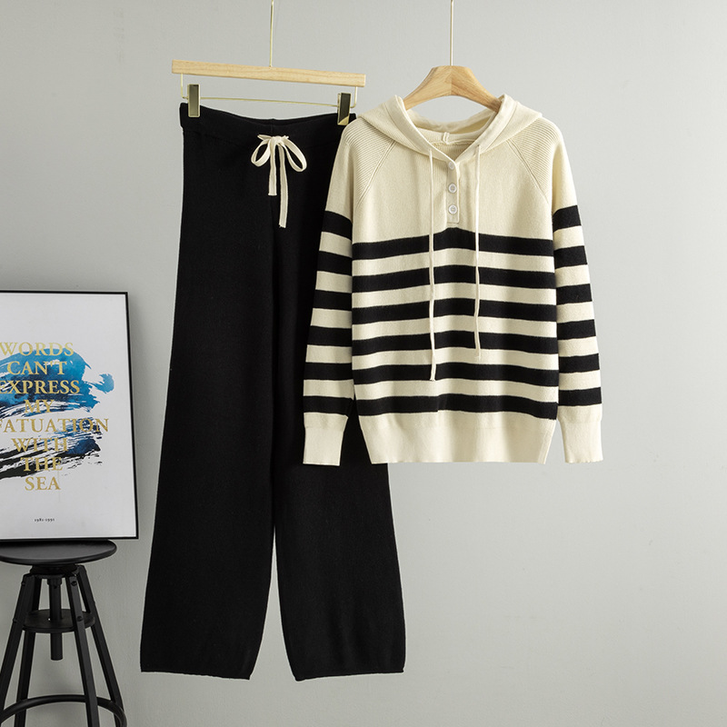 Cross border leisure two sets, Spring and Autumn new style hooded contrasting striped loose top, fashionable and stylish high waisted wide leg pants